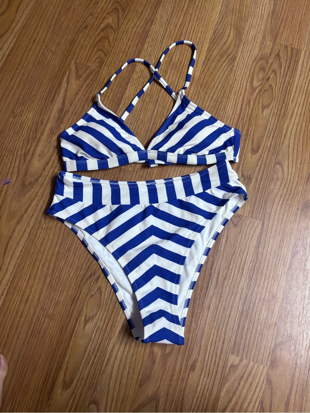 Women’s Size Medium Royal Bkue & White Striped High-waisted Bikini
